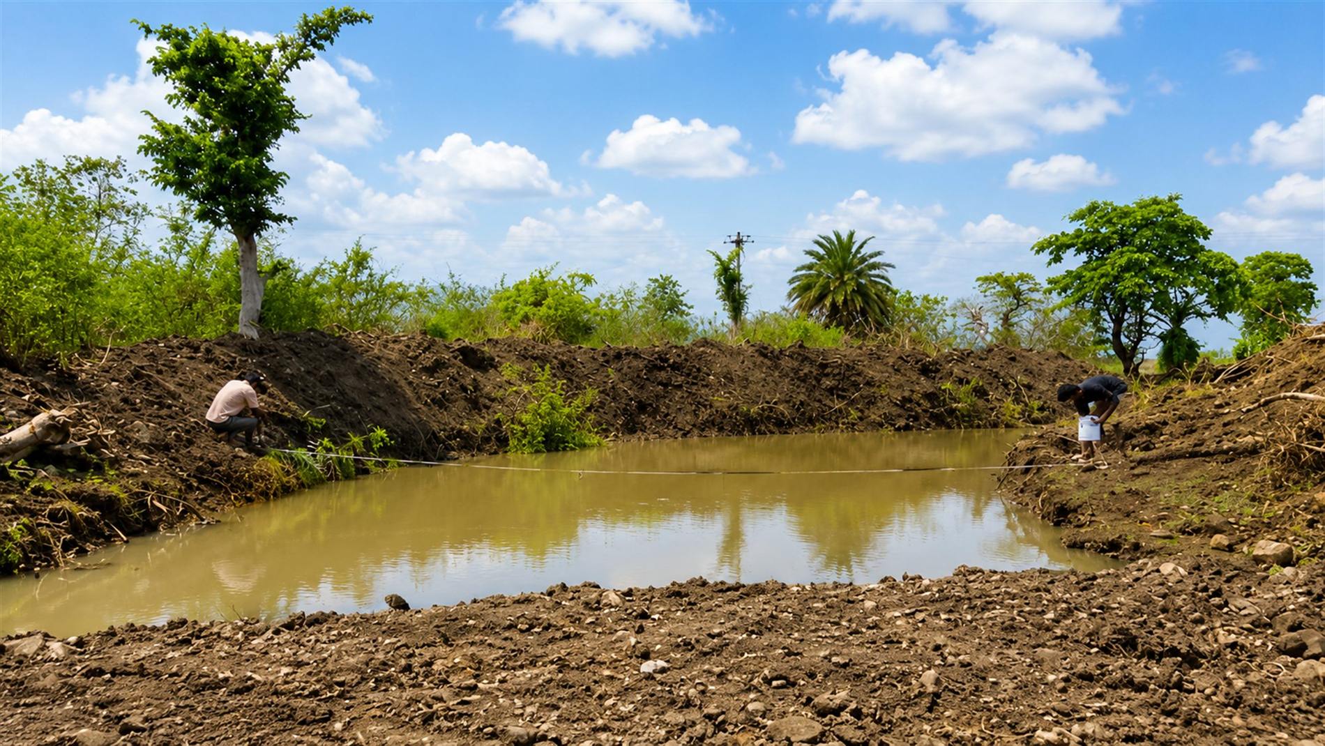 An excavated water conservation structure holding the first monsoon runoff