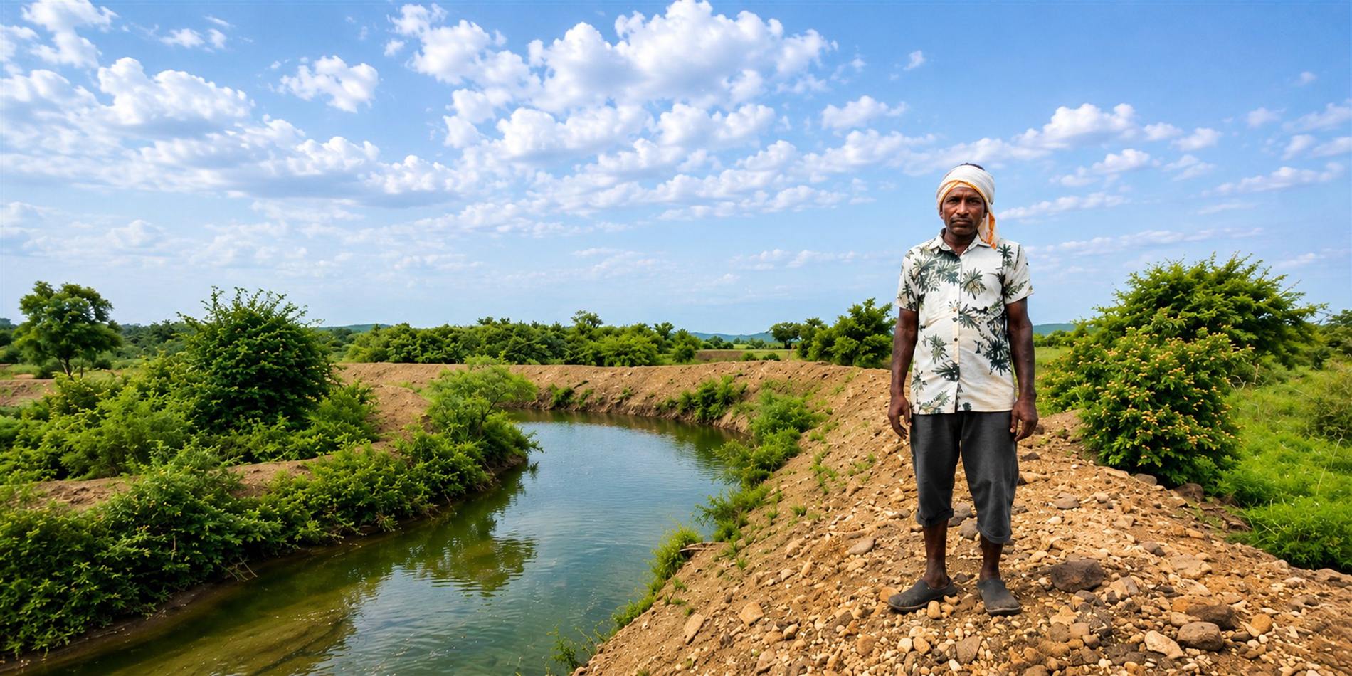 A farmer standing on the bund of a Doha structure filled with monsoon water in Yavatmal district