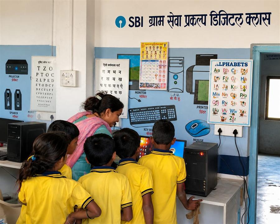 Schoolchildren using computers in a supported digital classroom