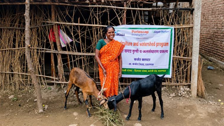 Leela Ganpat Chachane with the goats she rears at her home in Yavatmal district